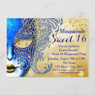 Invitation Royal Blue and Gold Sweet 16 Masquerade Party