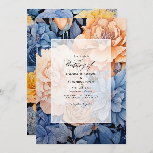Invitation Royal Blue and Peach and Grey Floral Mariage (Devant / Derrière)