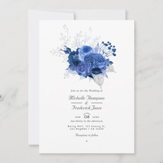Invitation Royal Blue and Silver Floral QR Code RSVP Mariage (Devant)