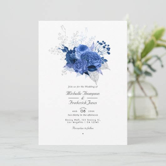 Invitation Royal Blue and Silver Floral QR Code RSVP Mariage (Debout devant)