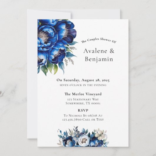 Invitation Royal Blue and Silver Parties scintillant Peony Co (Devant)