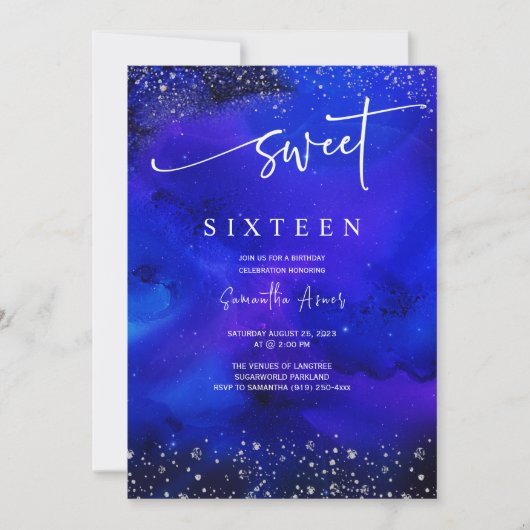 Invitation Royal Blue And Silver Sweet 16 Décorations (Devant)