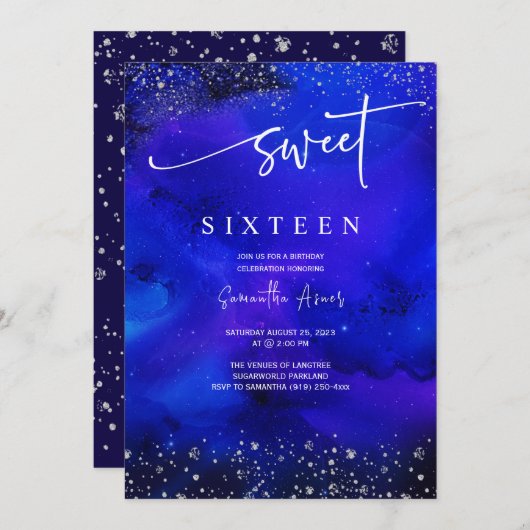 Invitation Royal Blue And Silver Sweet 16 Décorations (Devant / Derrière)