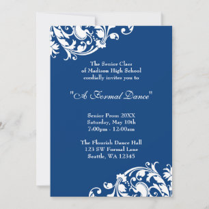 Invitation Royal Blue and White Flourd Swirl Prom