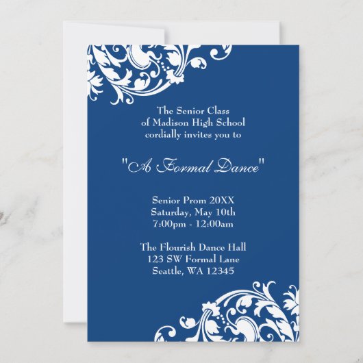Invitation Royal Blue and White Flourd Swirl Prom (Devant)