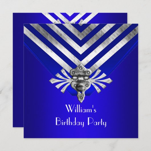 Invitation Royal Blue Anniversaire fête Silver Stripe (Devant / Derrière)