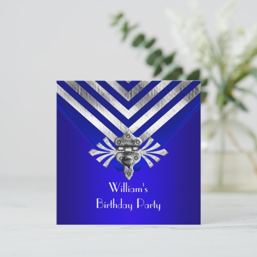 Invitation Royal Blue Anniversaire fête Silver Stripe (Debout devant)