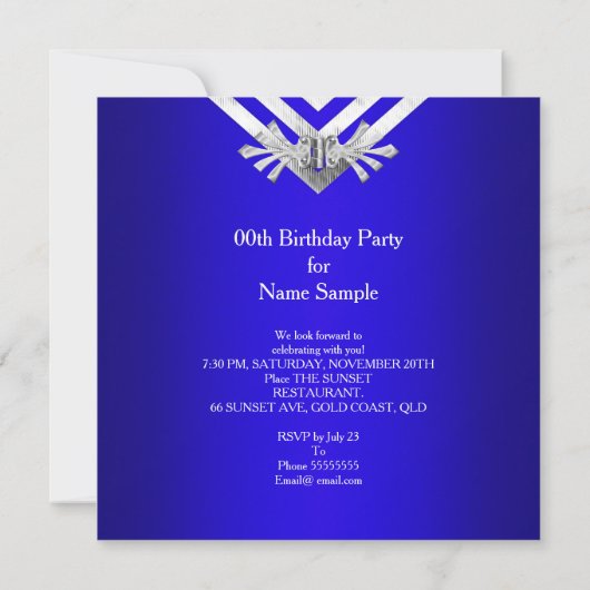 Invitation Royal Blue Anniversaire fête Silver Stripe (Dos)
