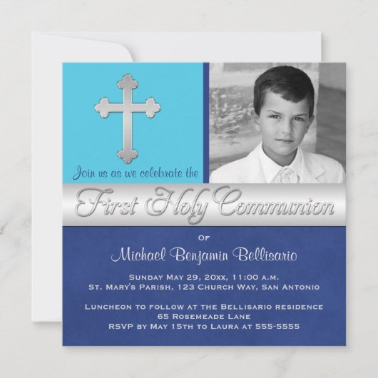 Invitation Royal Blue, Aqua 1st Holy Communion Photo Invitati (Devant)