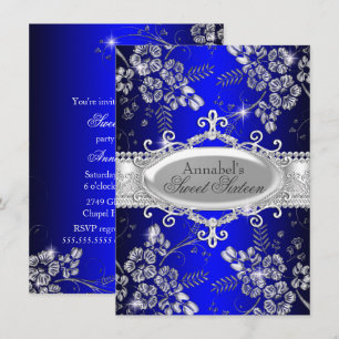Invitation Royal Blue Argent Fleur étincelle Douce 16 Invitat