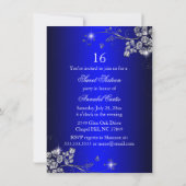 Invitation Royal Blue Argent Fleur étincelle Douce 16 Invitat (Dos)