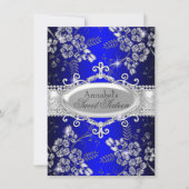 Invitation Royal Blue Argent Fleur étincelle Douce 16 Invitat (Devant)