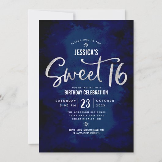 Invitation Royal Blue Argent Script Bold Sweet 16 Anniversair (Devant)