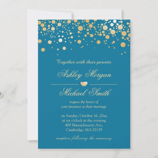 Invitation Royal Blue avec Gold Confetti Pois Mariage (Devant)