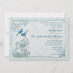 Invitation Royal Blue Birds Damask Pink Font Wedding Inviter