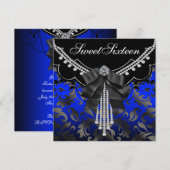 Invitation Royal Blue Black Damask Sweet sixteen Anniversaire (Devant / Derrière)