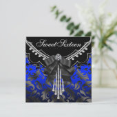 Invitation Royal Blue Black Damask Sweet sixteen Anniversaire (Debout devant)