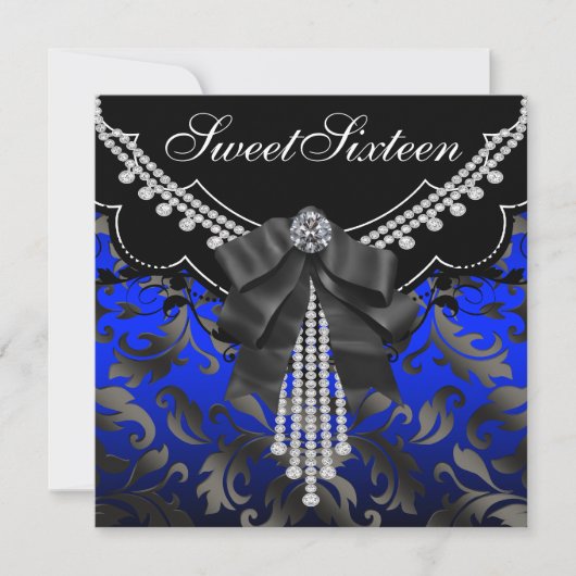 Invitation Royal Blue Black Damask Sweet sixteen Anniversaire (Devant)