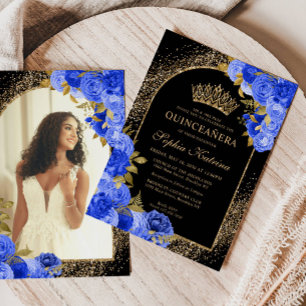 Invitation Royal Blue Black Gold Floral Photo Quinceanera