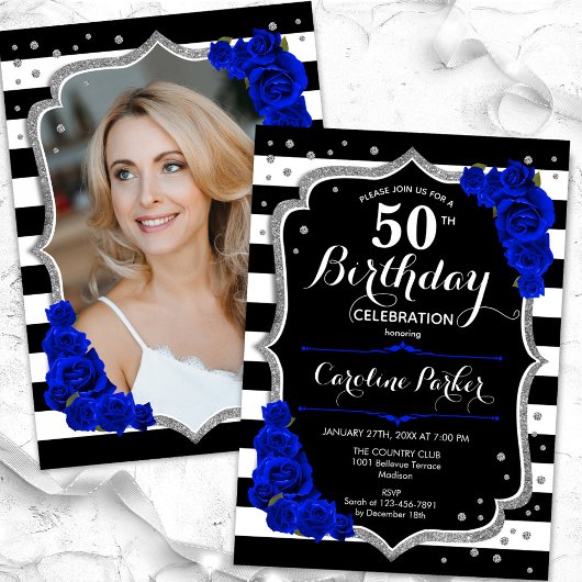 Invitation Royal Blue Black Silver Photo 50e anniversaire