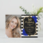 Invitation Royal Blue Black White Stripes Photo 50e anniversa (Debout devant)