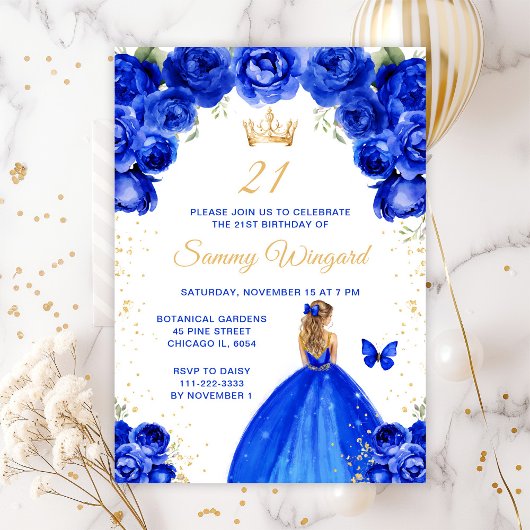 Invitation Royal Blue Blonde Hair Princess Anniversaire