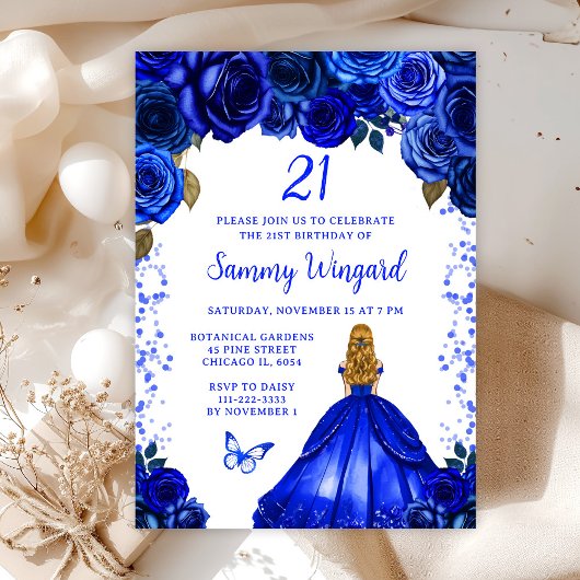 Invitation Royal Blue Blonde Hair Princess Anniversaire