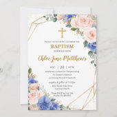 Invitation Royal Blue Blush Floral Gold Baptême Christening (Devant)