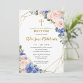 Invitation Royal Blue Blush Floral Gold Baptême Christening (Debout devant)