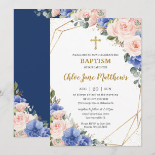 Invitation Royal Blue Blush Floral Gold Baptême Christening