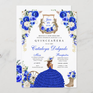 Invitation Royal Blue Boots Roses Western Charro Quinceañera