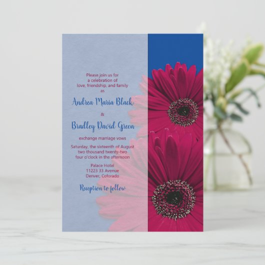Invitation Royal Blue Bourgogne Gerbera Daisy Mariage (Debout devant)