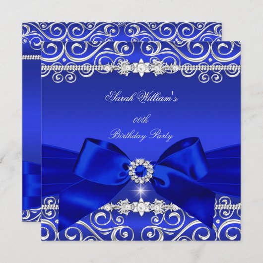 Invitation Royal Blue Bow fête d'anniversaire Black Silver (Devant / Derrière)