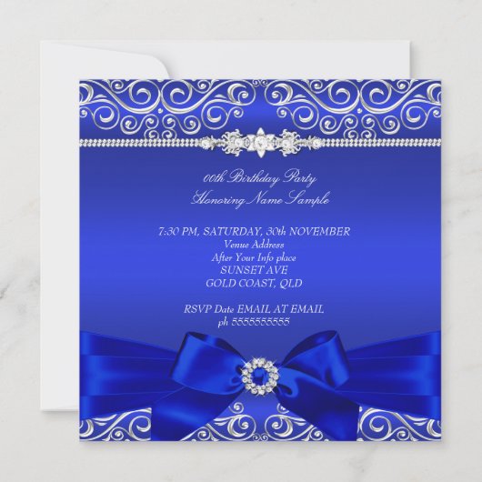 Invitation Royal Blue Bow fête d'anniversaire Black Silver (Dos)