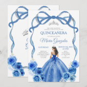 Invitation Royal Blue Bow Princess Couronne argent Quinceañer (Devant / Derrière)