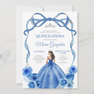 Invitation Royal Blue Bow Princess Couronne argent Quinceañer