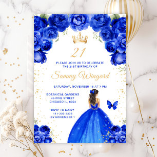 Invitation Royal Blue Brunette Hair Princess Anniversaire