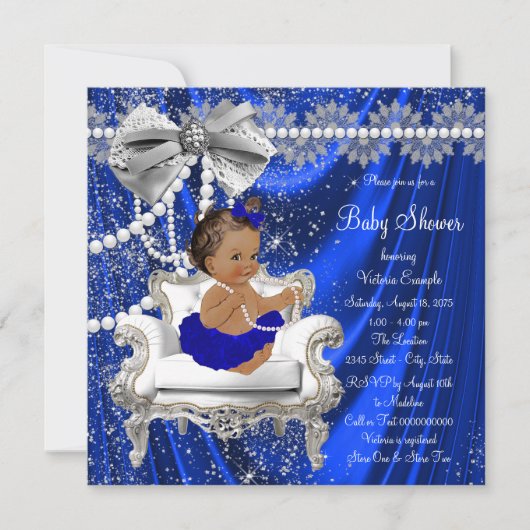 Invitation Royal Blue Chair Pearls Ethnic Girl Baby shower (Devant)