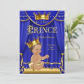 Invitation Royal Blue Crown Prince Baby shower Gold Brunette (Debout devant)