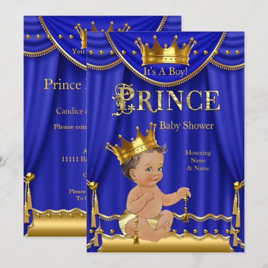 Invitation Royal Blue Crown Prince Baby shower Gold Brunette (Devant / Derrière)