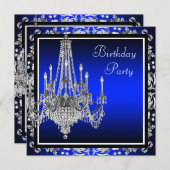 Invitation Royal Blue Damask Chandelier fête d'anniversaire (Devant / Derrière)