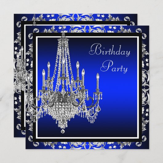 Invitation Royal Blue Damask Chandelier fête d'anniversaire (Devant / Derrière)
