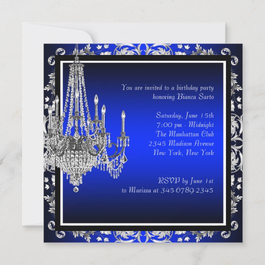 Invitation Royal Blue Damask Chandelier fête d'anniversaire (Dos)