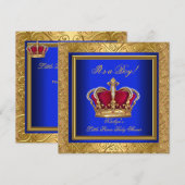 Invitation Royal Blue Damask Gold Baby shower Boy Regal (Devant / Derrière)