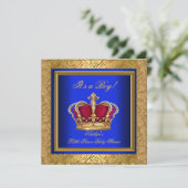 Invitation Royal Blue Damask Gold Baby shower Boy Regal (Debout devant)