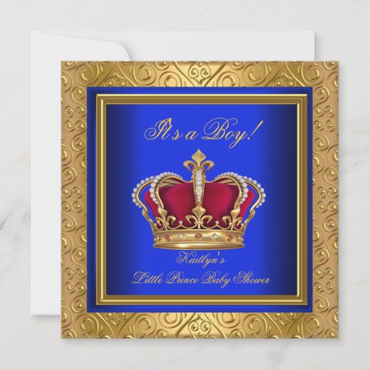 Invitation Royal Blue Damask Gold Baby shower Boy Regal (Devant)