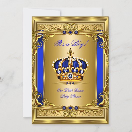 Invitation Royal Blue Damask Gold Crown Baby shower Boy bg5 (Devant)