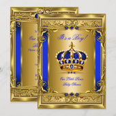Invitation Royal Blue Damask Gold Crown Baby shower Boy bg5 (Devant / Derrière)