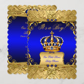 Invitation Royal Blue Damask Gold Crown Baby shower Boy bs3 (Devant / Derrière)