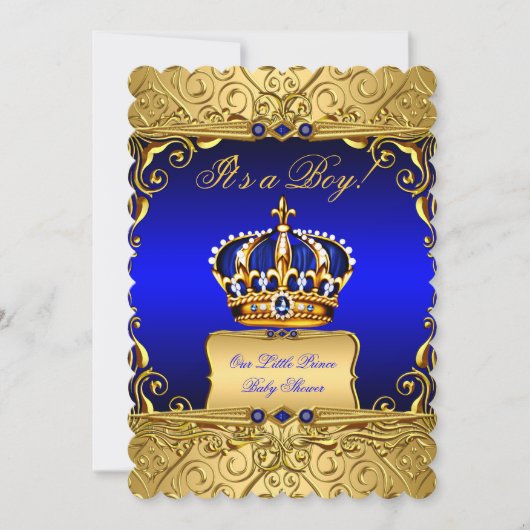Invitation Royal Blue Damask Gold Crown Baby shower Boy bs3 (Devant)